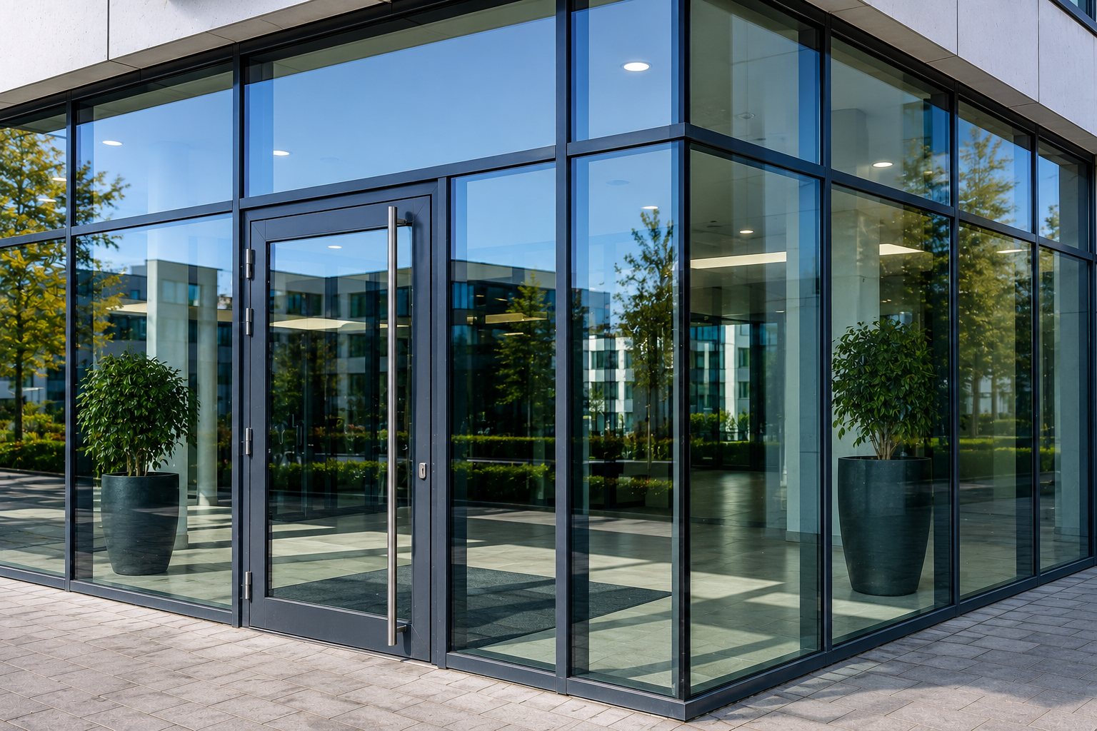 Glasfassade nach der professionellen Glasreinigung durch UJKA
