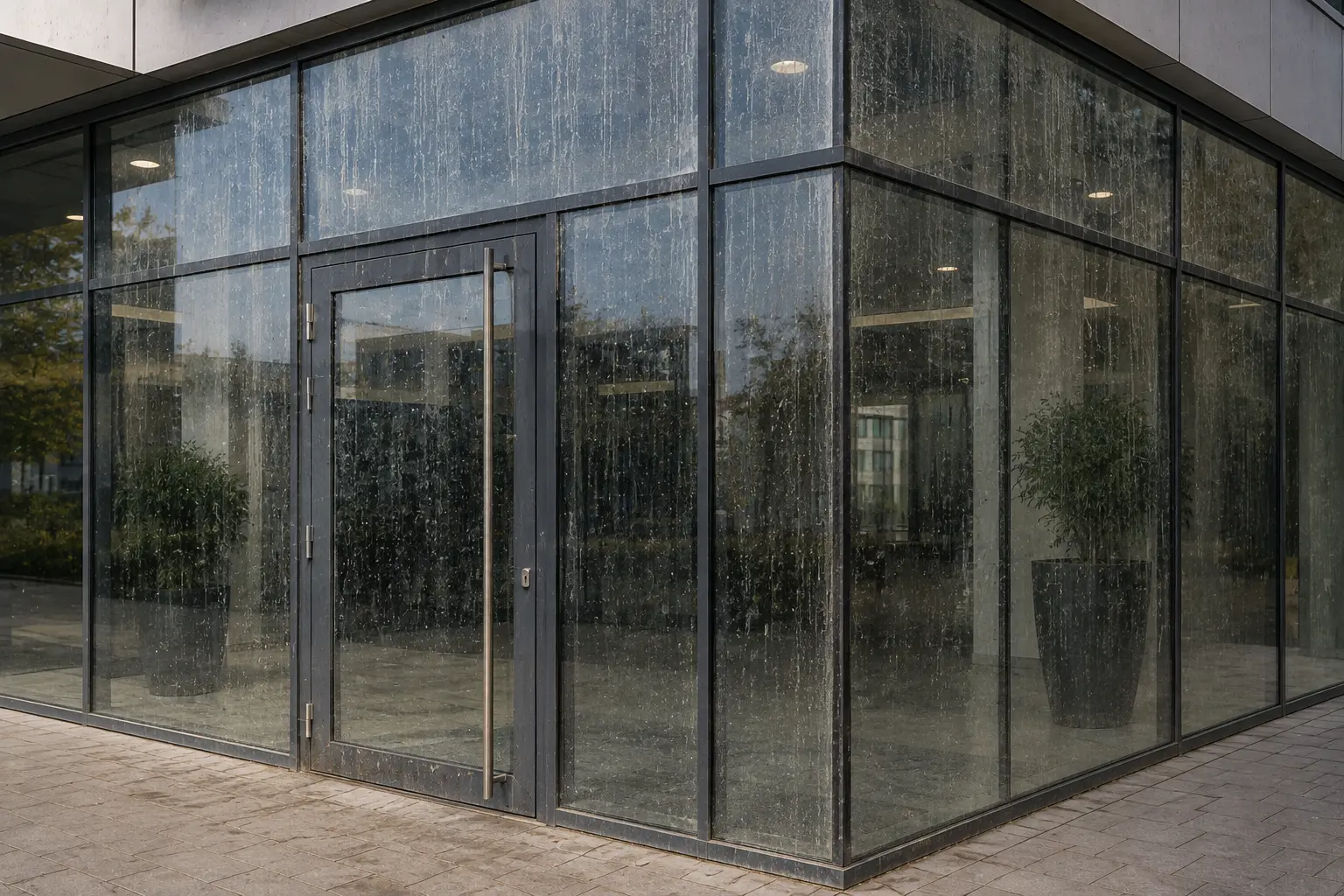Verschmutzte Glasfassade vor der Reinigung